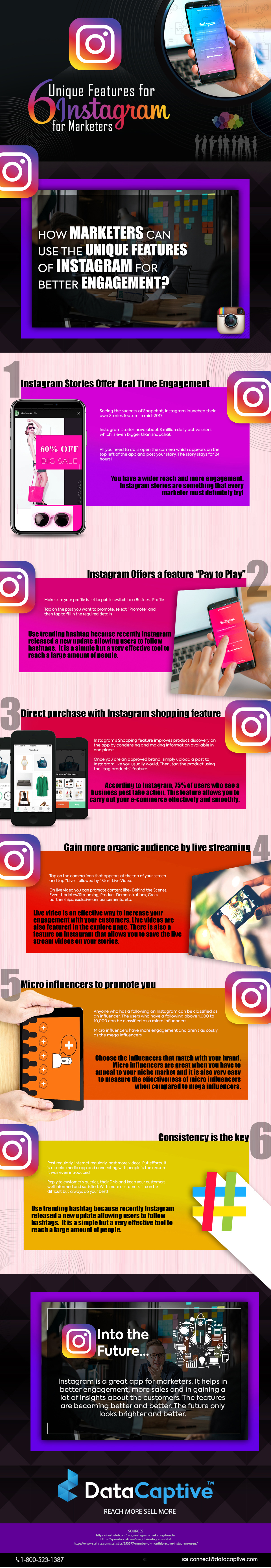 6 Unique features for instagram for marketers - DataCaptive Infographic