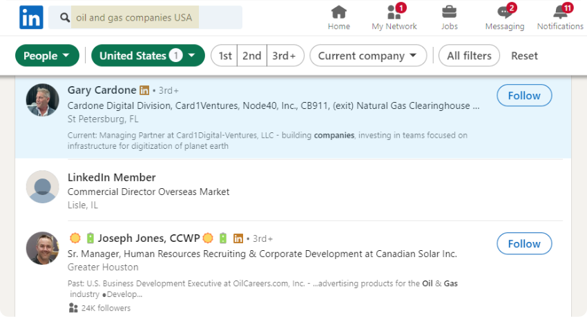 Find the list of Oil and Gas companies in Professional Networking Site