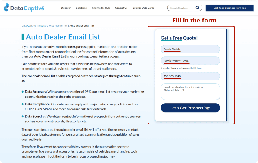 Filling out a contact form with Auto Dealers related data requirements on DataCaptives website