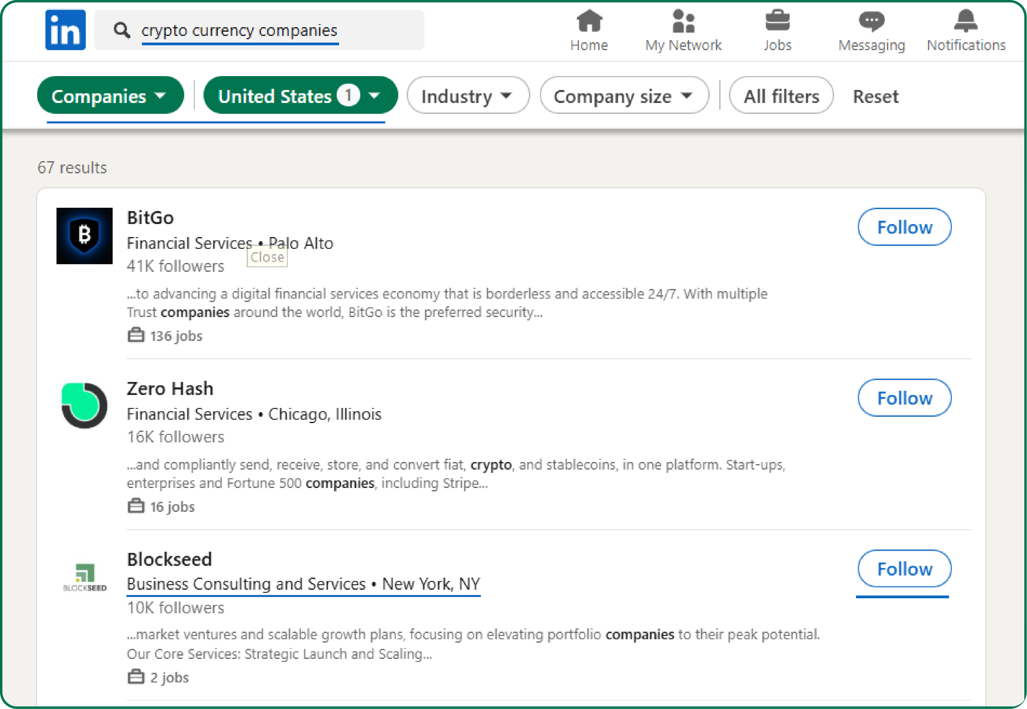 crypto companies on LinkedIn